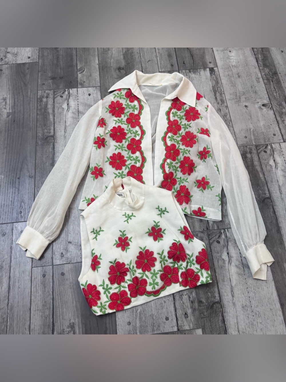 Vintage Joseph Magnin Jacket Top Set Needlepoint Upholstery Floral Scalloped